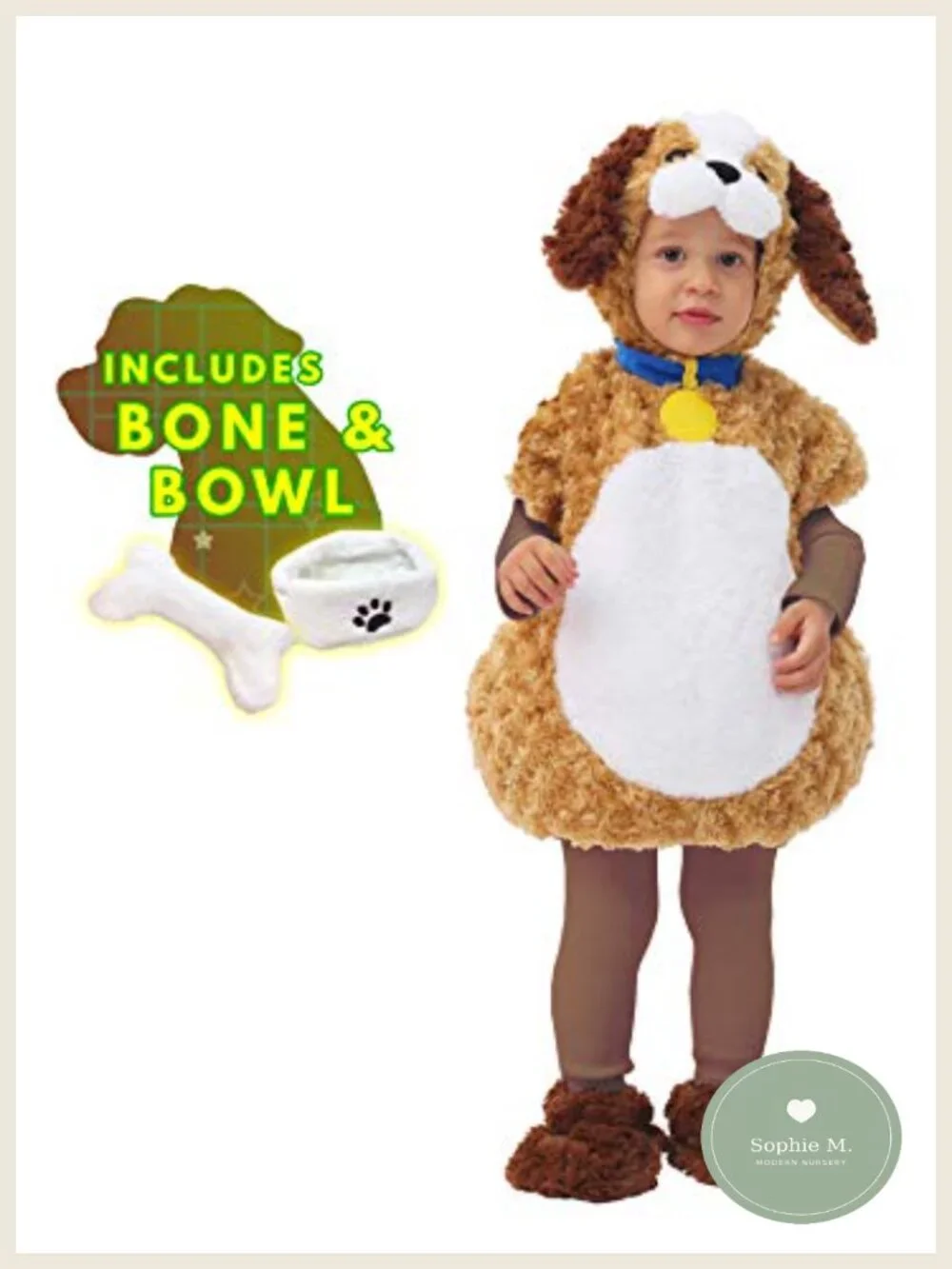 Kids Puppy Dog Halloween Costume with Hood, Booties, Bone & Bowl Plush